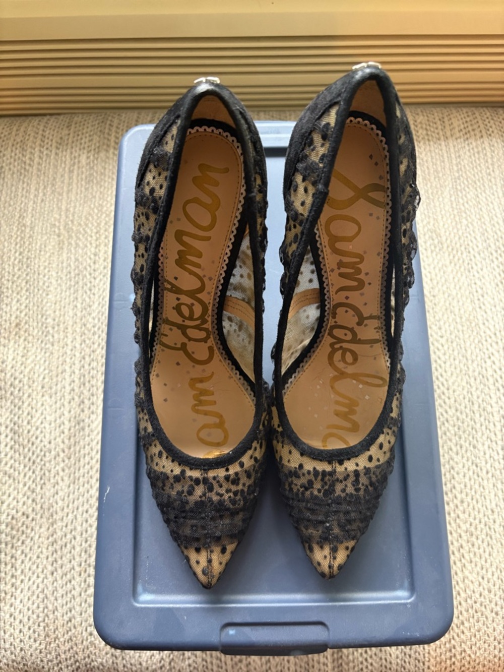 Sam Edelman Black Lace Pointed-Toe Pumps with Nude Underlay